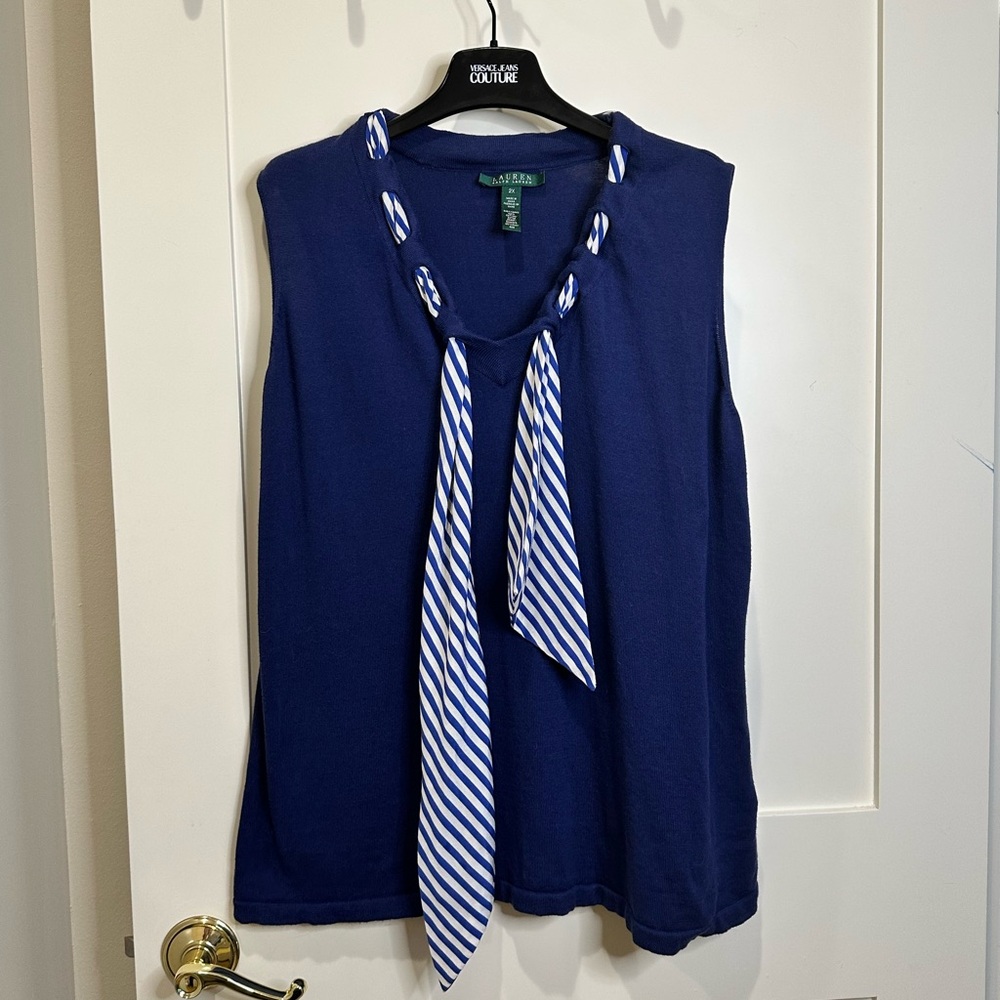 Lauren Ralph Lauren Womens Scarf Tie V Neck Sleeveless Top Size 2X Navy/White